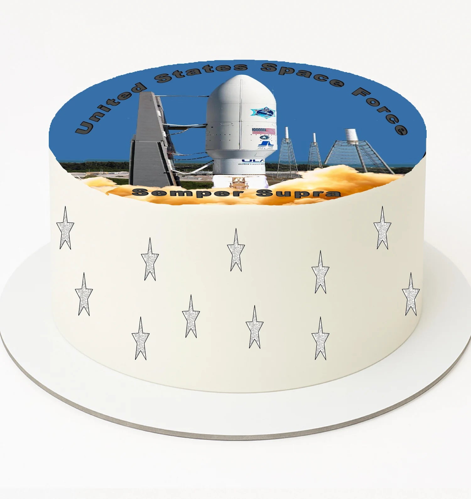 Cake with United States Space Force design on a white background