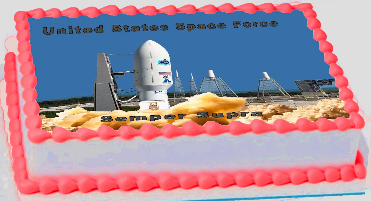 rocket launch blasting off on top of cake with text United States Space Force - Semper Supra
