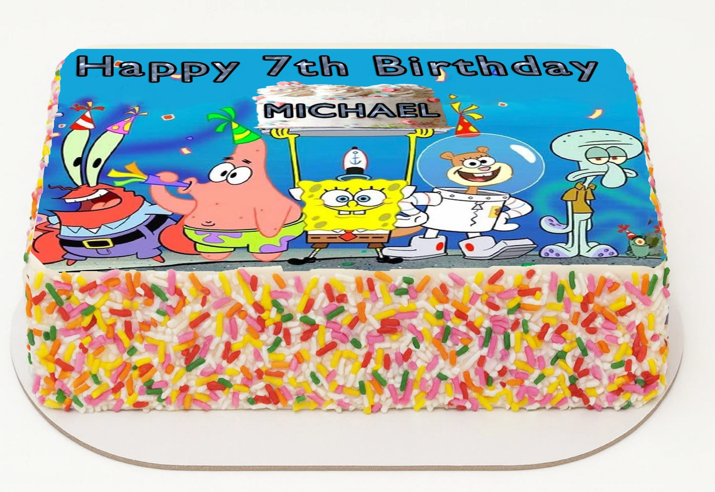 Edible Icing Images Sheet Cake Topper with Spongebob-themed decoration featuring text personalized with name and age