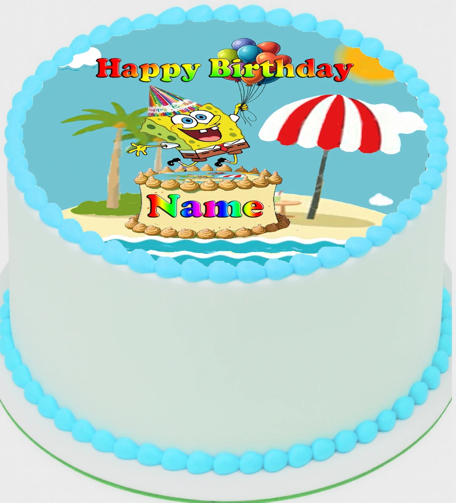 Birthday Edible Icing Image cake topper with a Sponge Bob cartoon character on top, surrounded by palm trees and an umbrella.