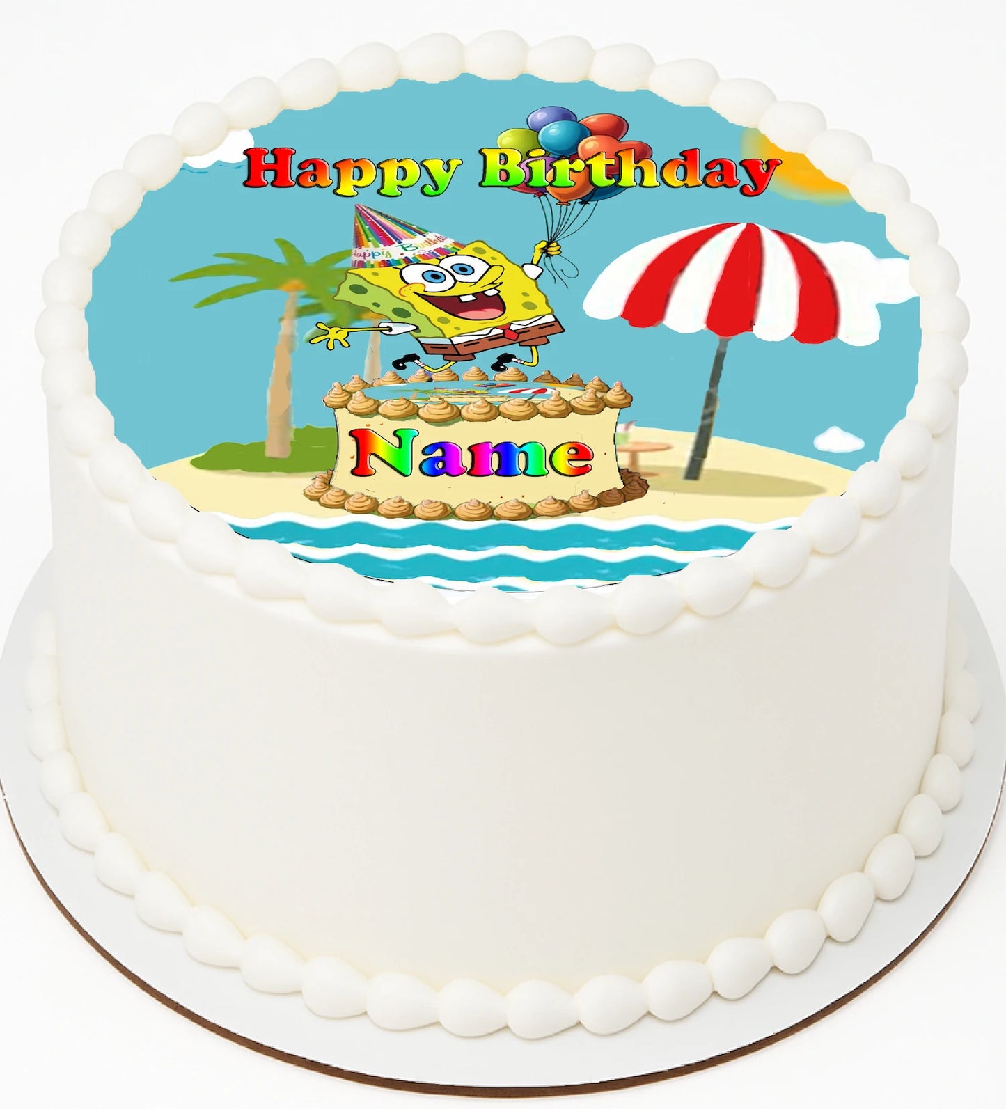Birthday Edible Icing Image cake topper with a Sponge Bob cartoon character on top, surrounded by palm trees and an umbrella.
