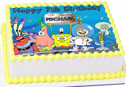 Edible Icing Image Birthday cake Topper with Spongebob-themed decoration Personalized.