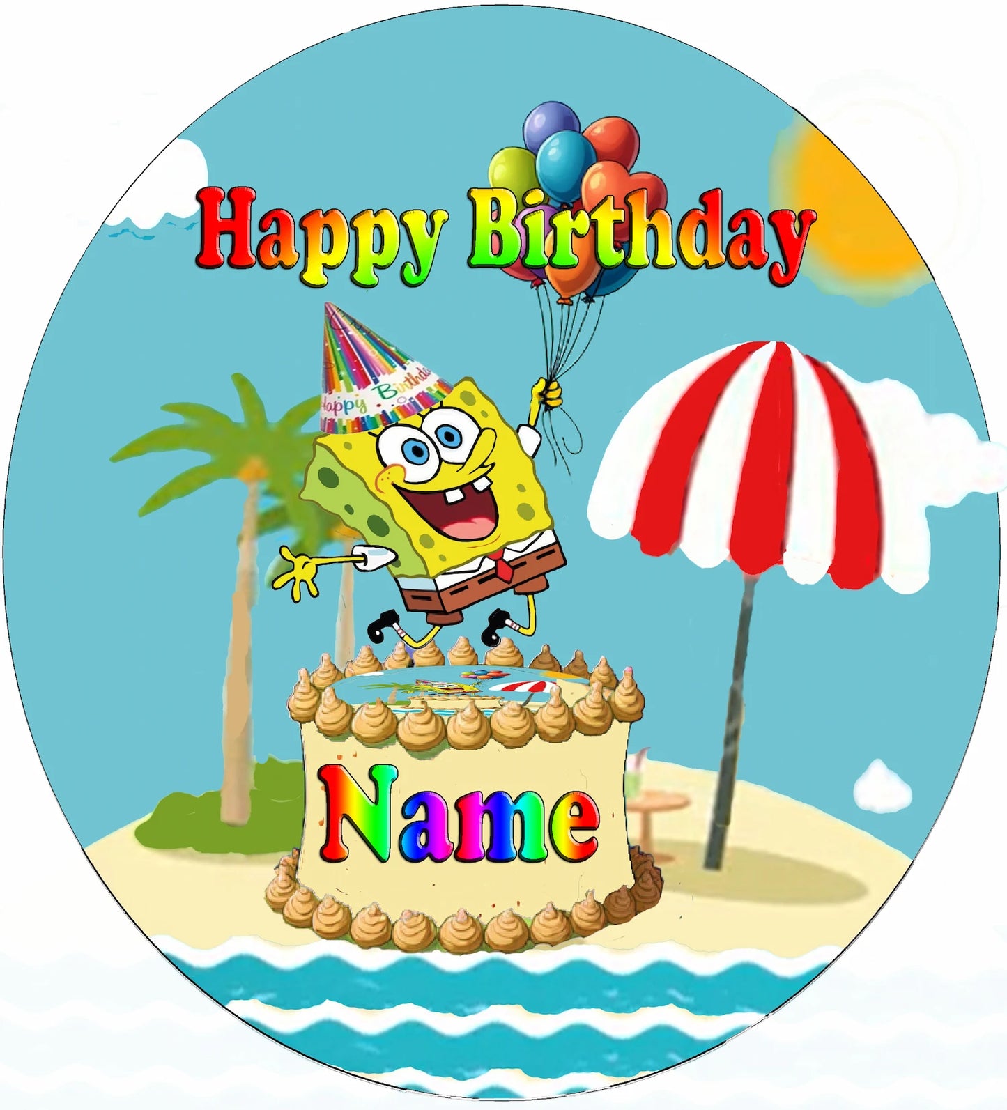 Circular birthday edible icing images  with SpongeBob SquarePants on a beach, holding balloons, and a cake with 'Happy Birthday' text