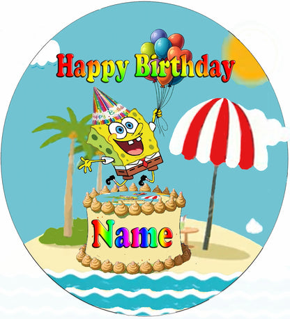 Circular birthday edible icing images  with SpongeBob SquarePants on a beach, holding balloons, and a cake with 'Happy Birthday' text