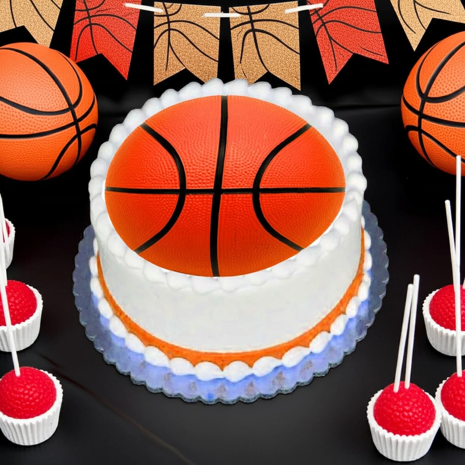 Collection of edible icing image cake topper showing every sports fan with basket balls around the image of a cake as every sports fan.a Perfect cake topper with a basket ball on top of the cake