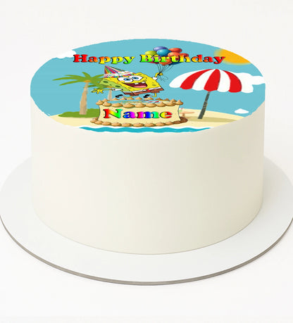 Birthday Edible Icing Image cake topper with a Sponge Bob cartoon character on top, surrounded by palm trees and an umbrella.