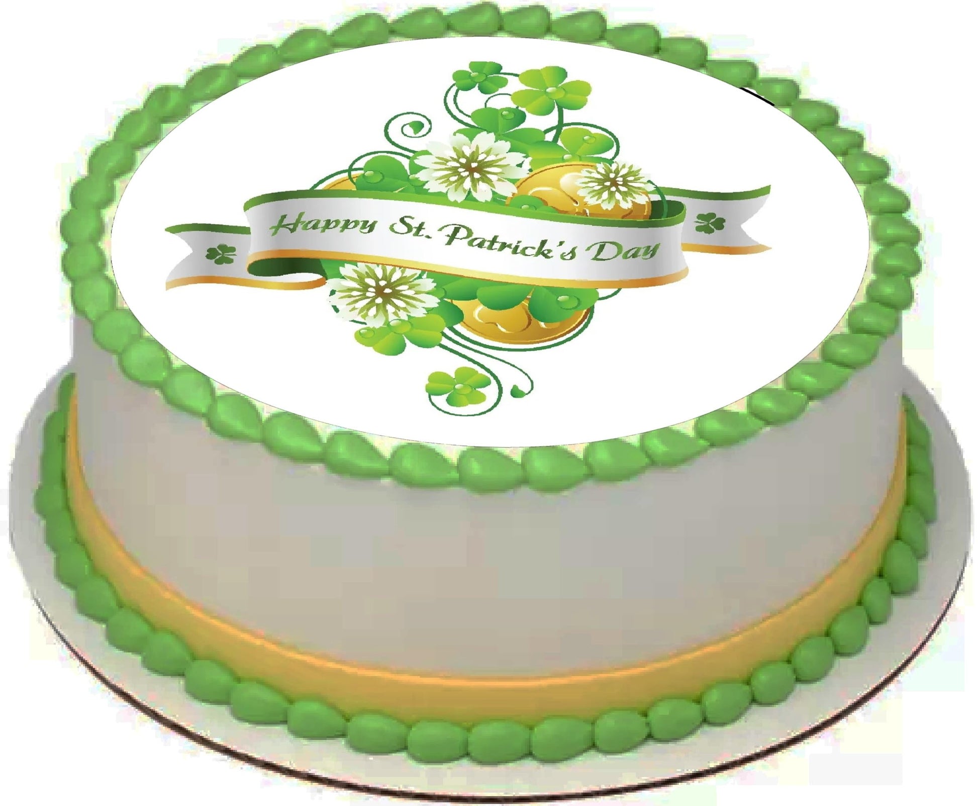 St. Patrick's Day bouquet edible image cake with green decorations and shamrock design.