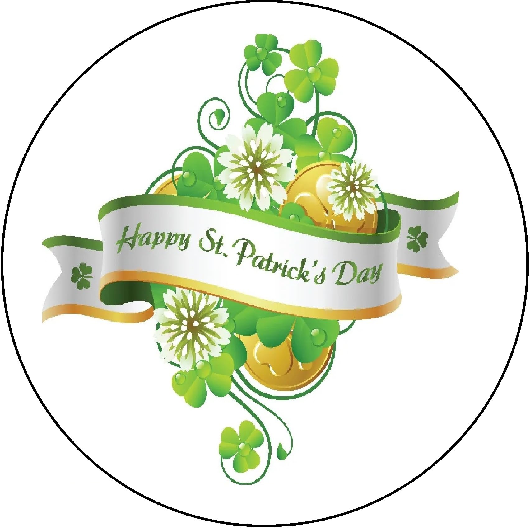 St. Patrick's Day decorative design with shamrocks, flowers, and a edible icing image cake topper.
