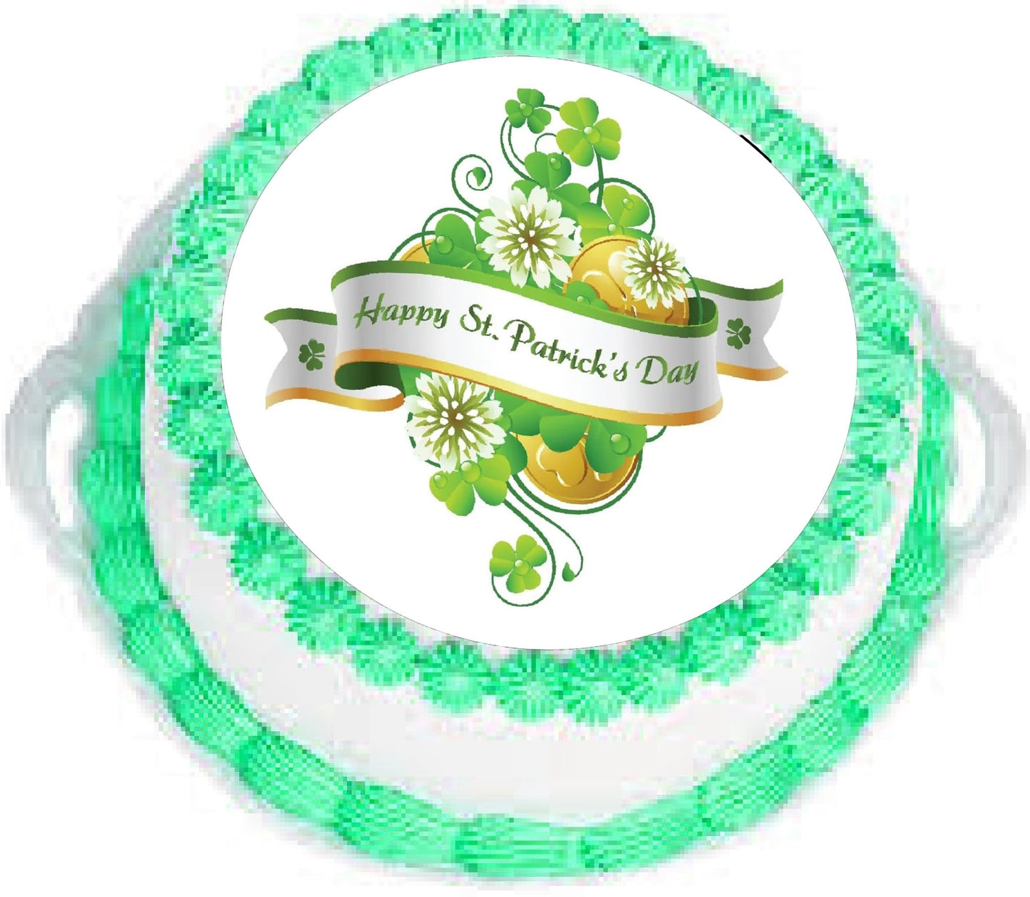 Round precut edible image cake St. Patrick's Day design.