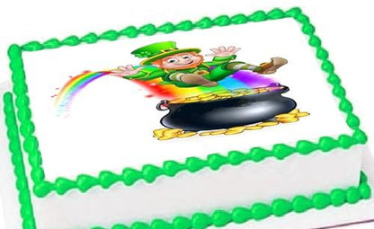 Custom Edible Cake Topper –  St Patricks Day Leprechaun Pot of Gold Design – 1/4 Sheet Cake (9x13) – Precut Icing Sheet – RA Pape
