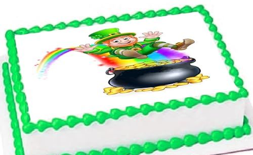 Custom Edible Cake Topper –  St Patricks Day Leprechaun Pot of Gold Design – 1/4 Sheet Cake (9x13) – Precut Icing Sheet – RA Pape