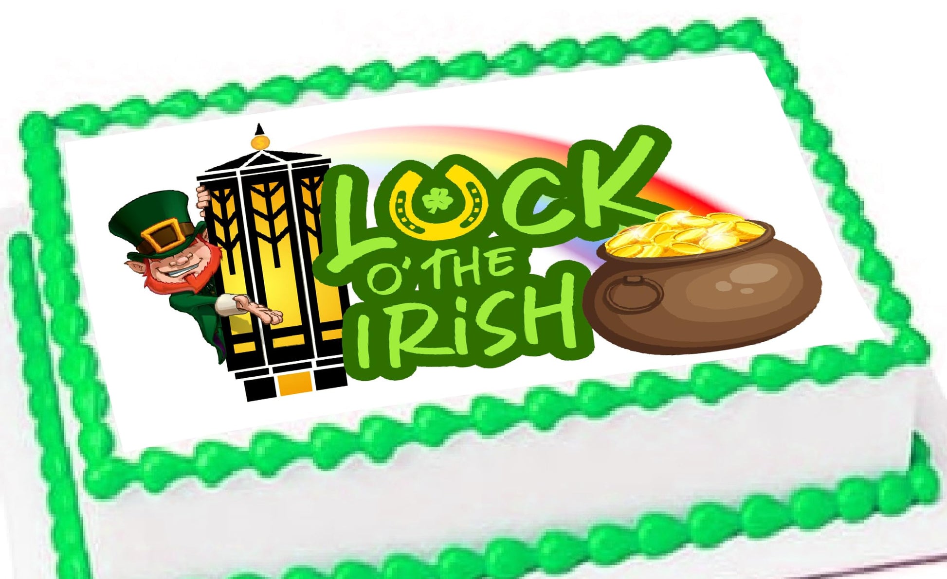 Cake topper edible image with 'Luck O' the Irish' decoration featuring a pot of gold and leprechaun.