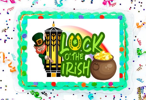 St. Patrick's Day-themed decorative edible  image cake  topper with leprechaun, rainbow, and pot of gold.