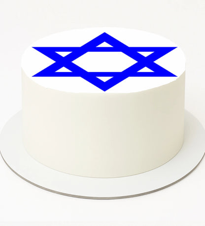 Cake topper highlighted with a blue Star of David on a edible image