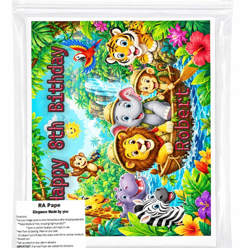 We send you 1 Jungle Safari Birthday Edible Image Cake Topper - 1/4 Icing Sheet - RA Papee Sealed in a bag