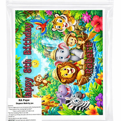 We send you 1 Jungle Safari Birthday Edible Image Cake Topper - 1/4 Icing Sheet - RA Papee Sealed in a bag
