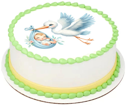 Edible Icing Images Cake Topper with Stork Baby Boy Arrival Baby Shower-Announcement-Gender Reveal-themed decoration