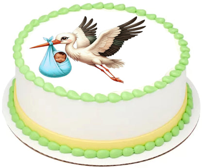 Edible Icing Image Cake Topper with Stork Baby Boy Baby Shower-Announcement-Gender Reveal themed decoration