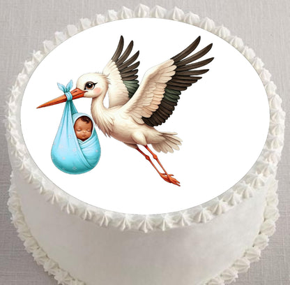 Custom Edible Cake Topper –  Stork Baby Boy Shower Celebration  Design – Pre-cut 8" Round Icing Sheet – RA Pape