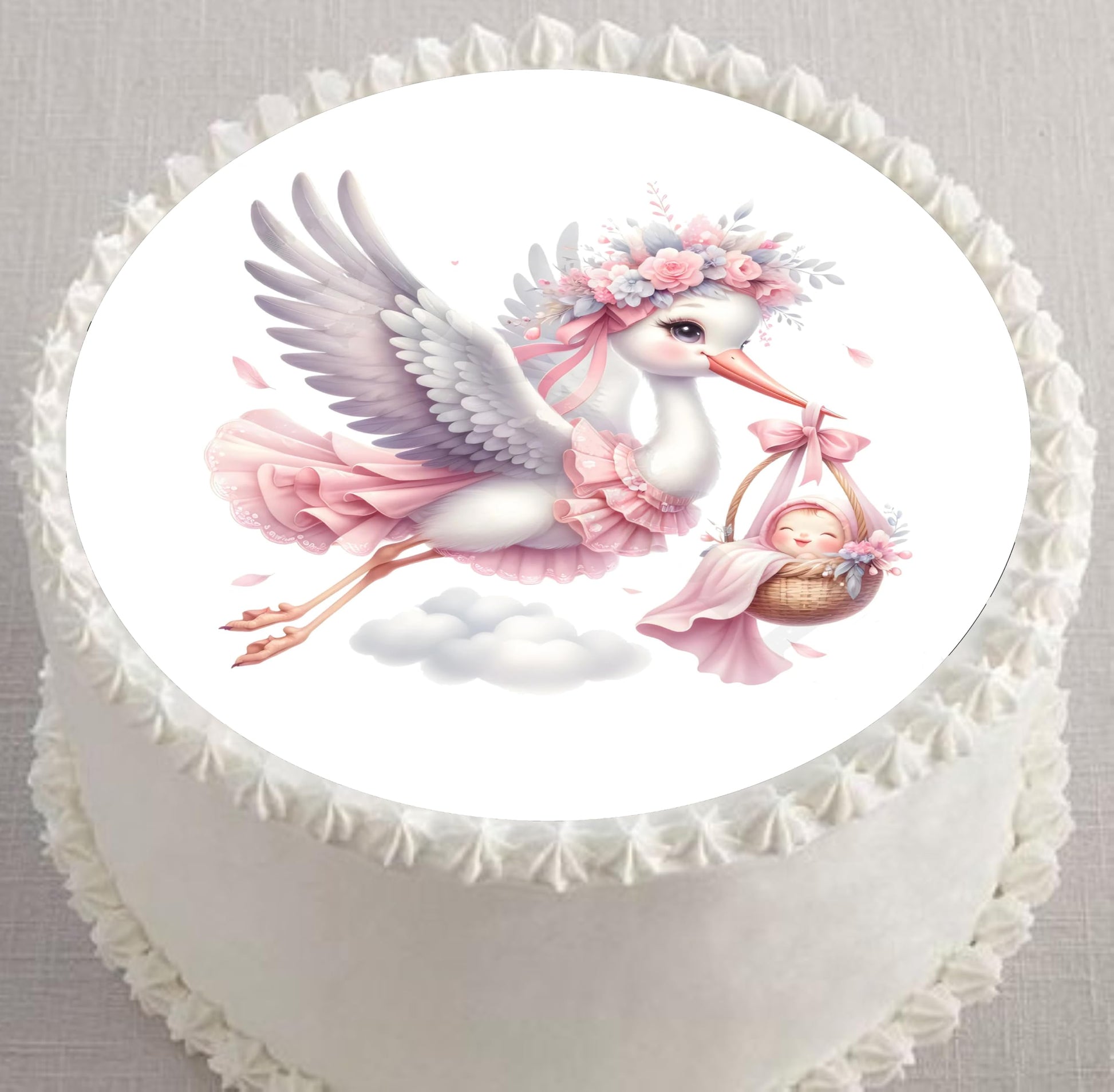 Custom Edible Cake Topper –  Stork Shower Girl Celebration  Design – Pre-cut 8" Round Icing Sheet – RA Pape