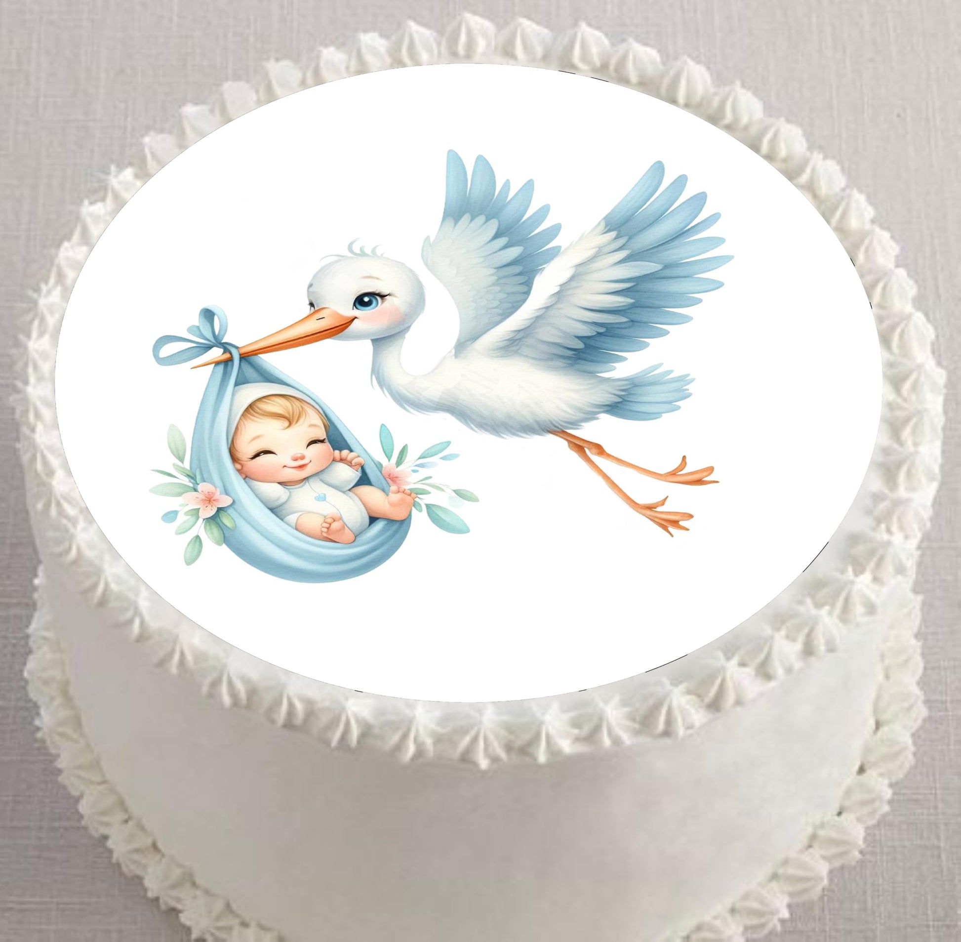 Custom Edible Cake Topper –  Stork Celebration Boy Baby Shower Design – Pre-cut 8" Round Icing Sheet – RA Pape
