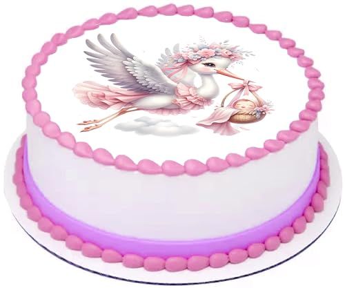 Edible Icing Image Cake Topper with Stork baby Girl Arrival Announcement themed decoration