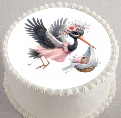Stork baby Girl delivery Announcement - Gender Reveal - Edible Image Cake Topper