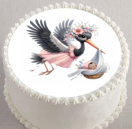 Stork baby Girl delivery Announcement - Gender Reveal - Edible Image Cake Topper