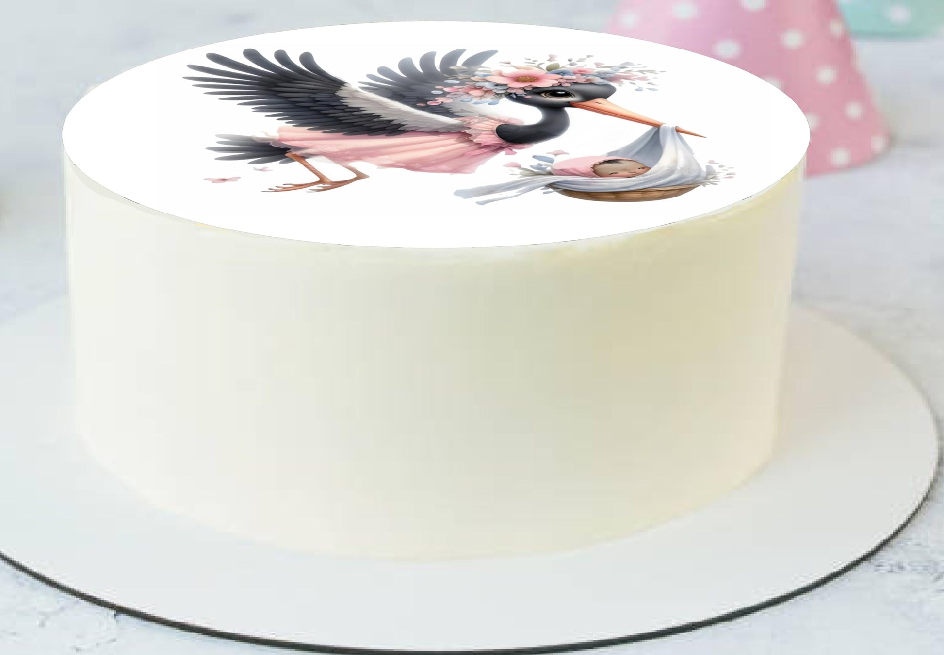 Edible Icing Image Cake Topper with Stork baby Girl delivery Announcement themed decoration