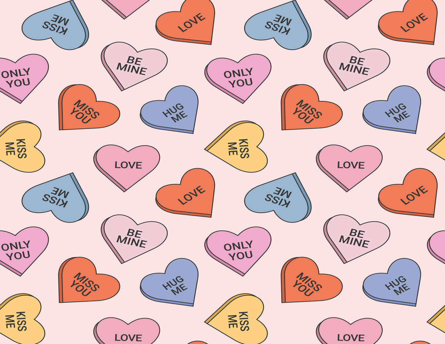 Pattern of colorful heart-shaped candy with love and affection text on a pink background