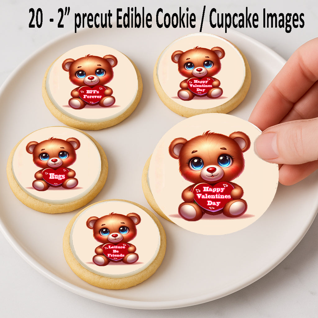 Edible cookie/cupcake images Toppers with teddy bears and hearts on a plate.
