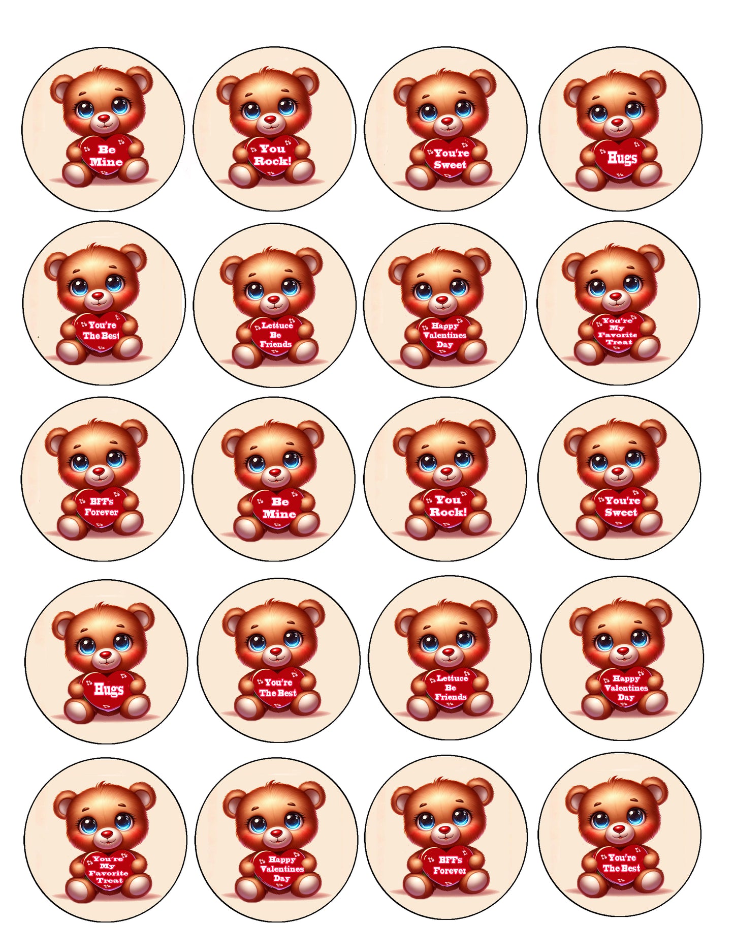 Sweet Valentine Teddy Collection Edible Images Cookie & Cupcake Toppers –  Precut 2” Rounds with teddy bears with red hearts and roses on a beige background