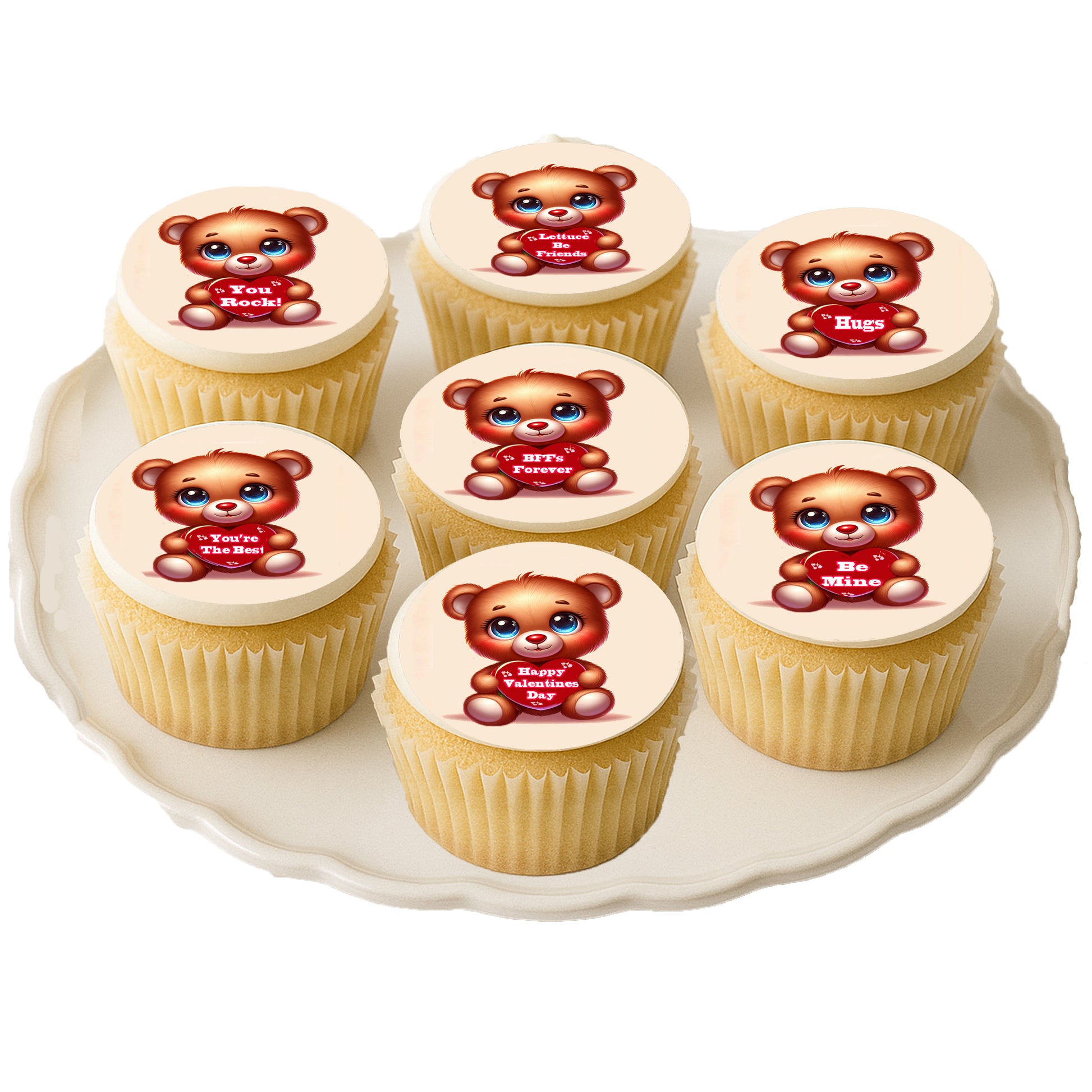 Adorable teddy bear Valentine edible cookie toppers with sweet messages. Perfect for school parties, classroom treats, and kids’ Valentine Cupcakes on a white plate