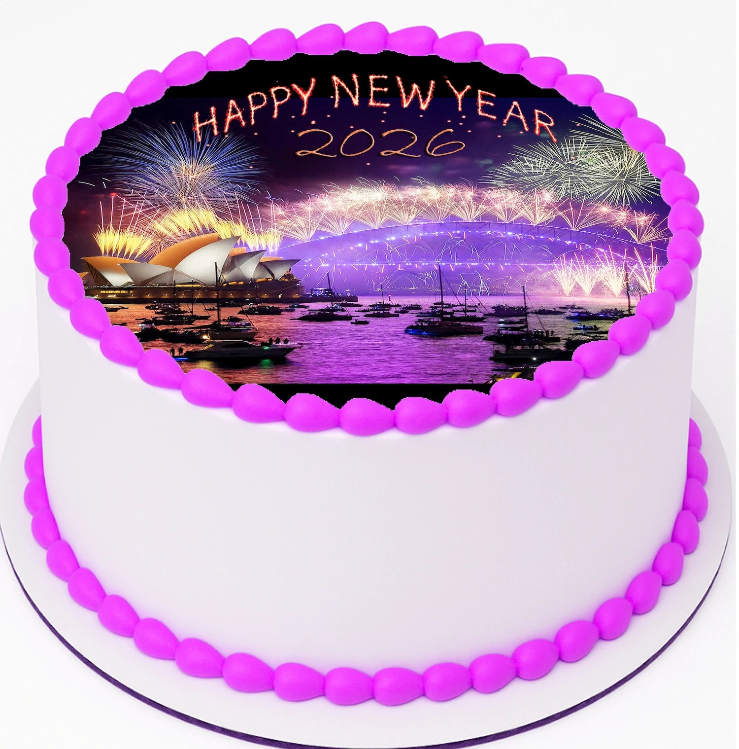 Custom Edible Cake Topper – Sydney Opera House New Year Design – Pre-cut 8" Round Icing Sheet – RA Pape