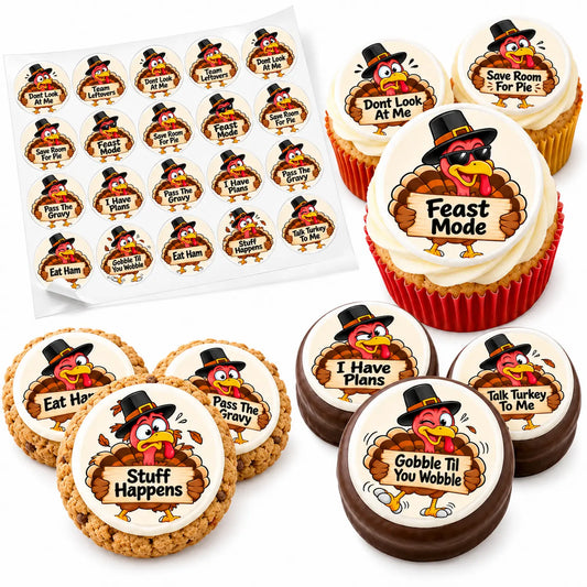 Turkey Talk Thanksgiving edible icing cookie and cupcake toppers cookie and cupcake topper designs with decorated treats.