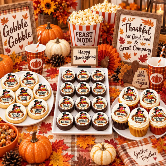 Turkey Talk Thanksgiving edible icing cookie and cupcake toppers on a Thanksgiving dessert table.