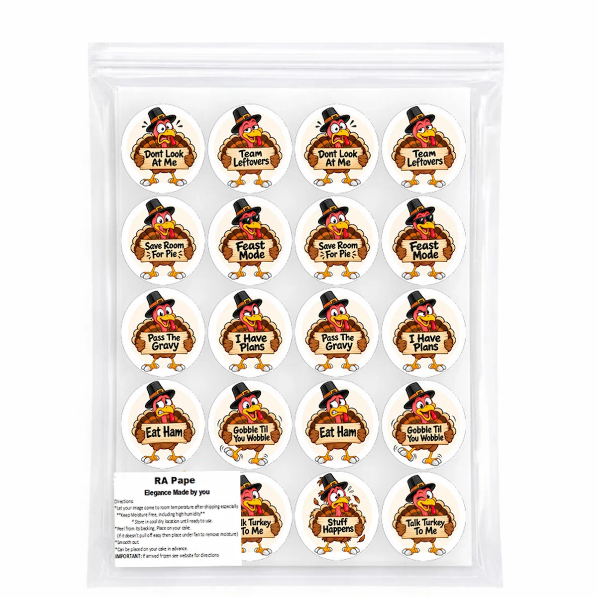 We Send you Thankgiving Edible Image Cookie-Cupcake Topper Turkey Talk - 20 Precut Icing Sheet- RA Pape sealed in it's own Bag
