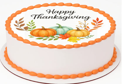 Thanksgiving-themed cake topper with pumpkins and leaves on a precut edible image