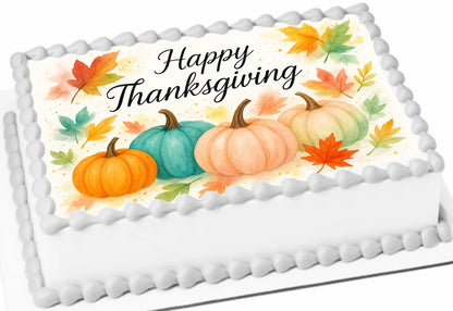 Happy Thanksgiving cake topper with pumpkins and leaves on a edible image sheet