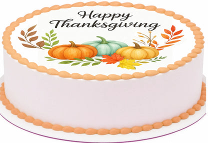 Thanksgiving-themed cake topper with pumpkins and leaves on a precut edible image