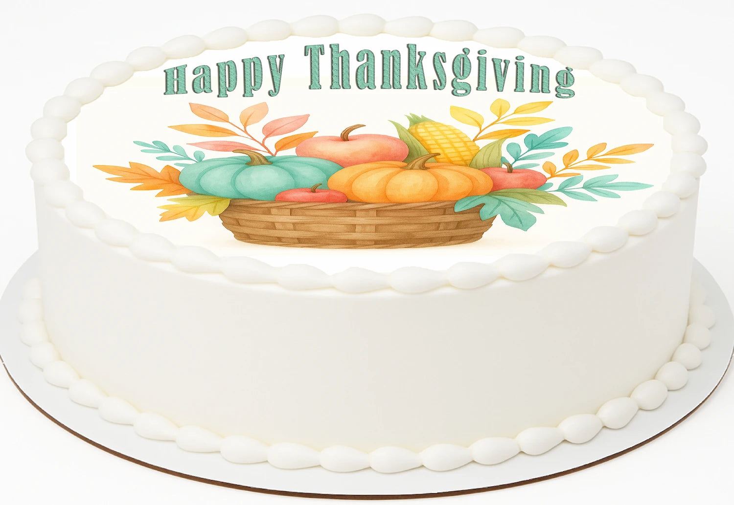 Thanksgiving-themed cake topper  with a basket of pumpkins and corn on a precut edible image.