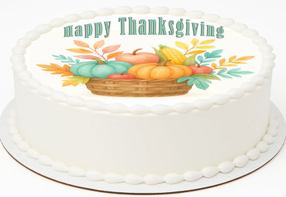 Thanksgiving-themed cake topper  with a basket of pumpkins and corn on a precut edible image.