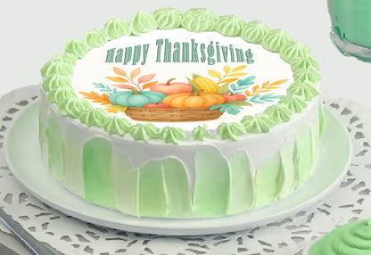 Thanksgiving-themed cake topper with a basket of fruits and 'Happy Thanksgiving' text on a precut edible image.