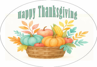 Happy Thanksgiving cake topper with pumpkins, corn, and apples in a basket on a white background on a precut edible image.