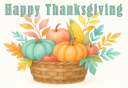 Basket of pumpkins, corn, and apples with 'Happy Thanksgiving' text cake topper sheet edible image