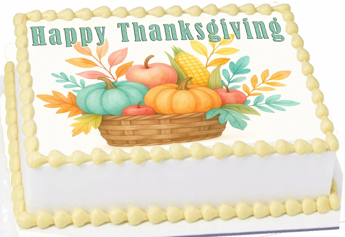 Custom Edible Cake Topper – Thanksgiving Bountiful Basket Design – 1/4 Sheet Cake (9x13) – Precut Icing Sheet – RA Pape