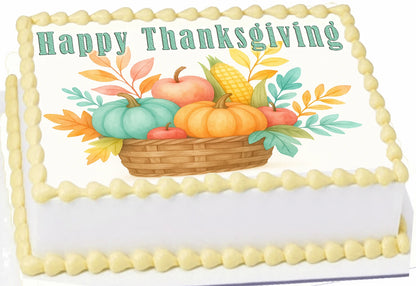 Custom Edible Cake Topper – Thanksgiving Bountiful Basket Design – 1/4 Sheet Cake (9x13) – Precut Icing Sheet – RA Pape