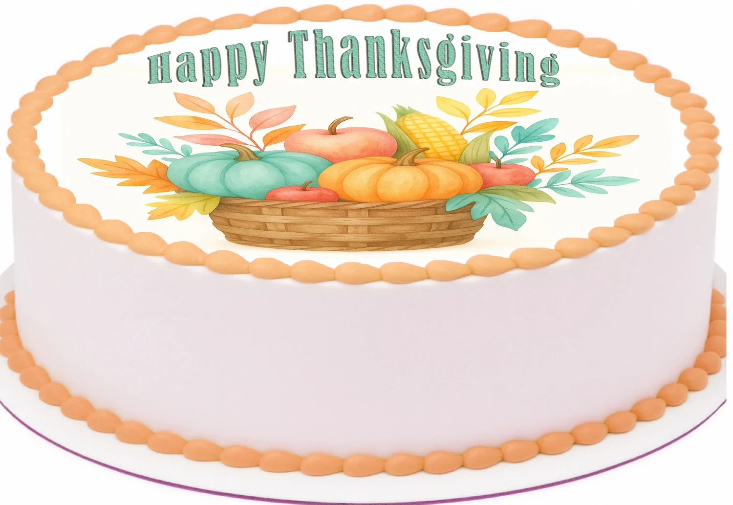 Thanksgiving-themed cake topper  with a basket of fruits and vegetables and 'Happy Thanksgiving' text on a precut edible image.