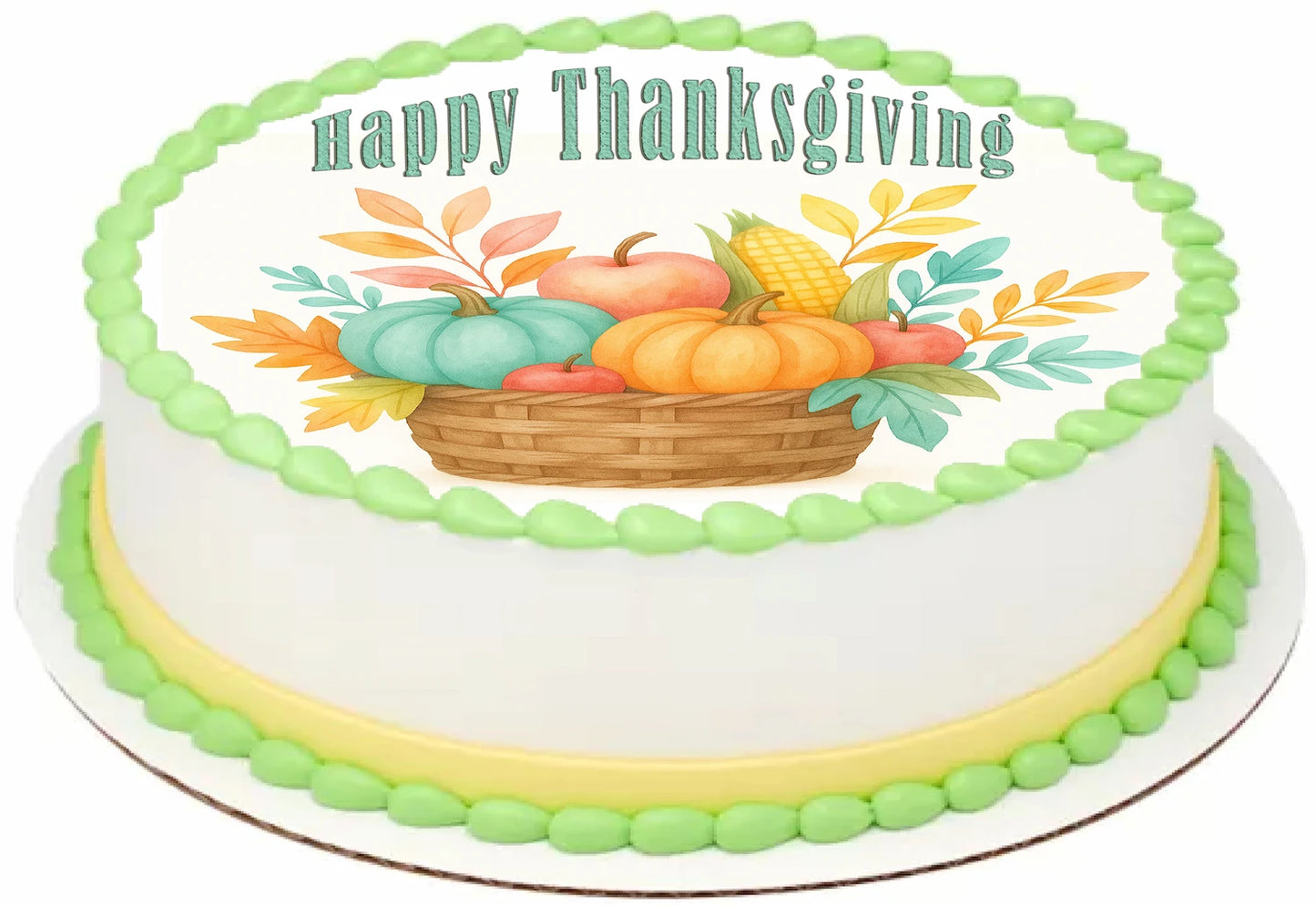 Thanksgiving cake topper  with a basket of fruits and vegetables and 'Happy Thanksgiving' text on a precut edible image.