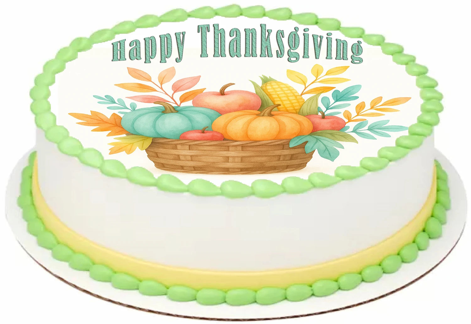 Thanksgiving cake topper  with a basket of fruits and vegetables and 'Happy Thanksgiving' text on a precut edible image.